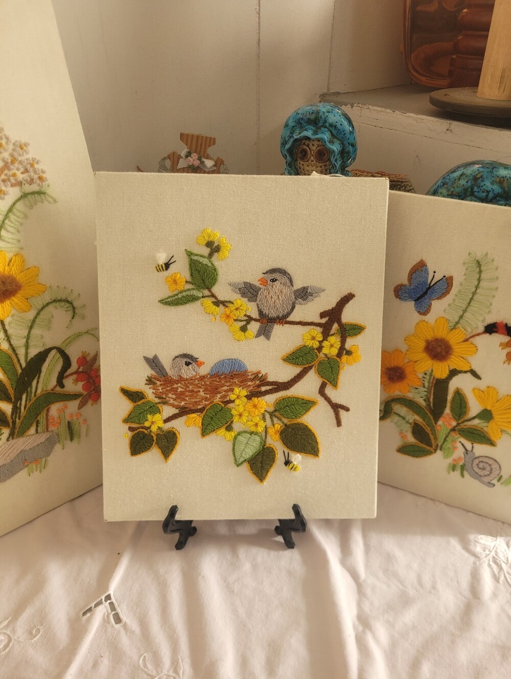 Vintage 1970s Crewel Embroidery Wall Art - Birds in Nest with Blue Egg - Retro